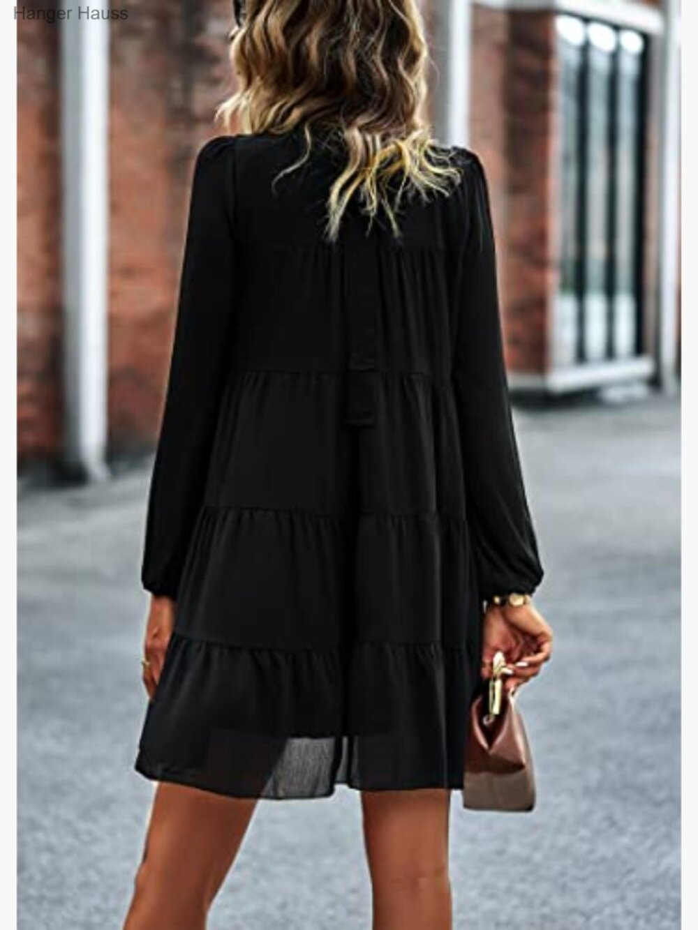 Long Sleeve Babydoll Dress Ruffle Mock Neck Tiered Mini Swing Shift Dress Loose - Picture 5 of 7